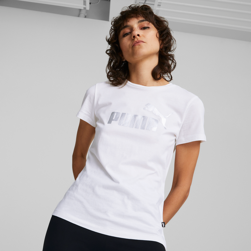 ESS+ Metallic Logo Tee W Puma White-silv